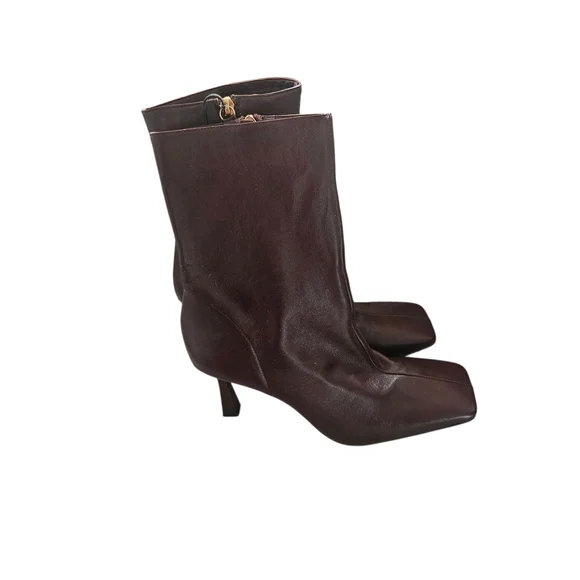 NEW Zara Women's Burgundy Leather Boots Square Toe Size EU 42 US 11 - Picture 2 of 9